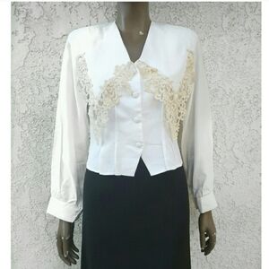 Vintage White Blouse with Beige Lace Trim